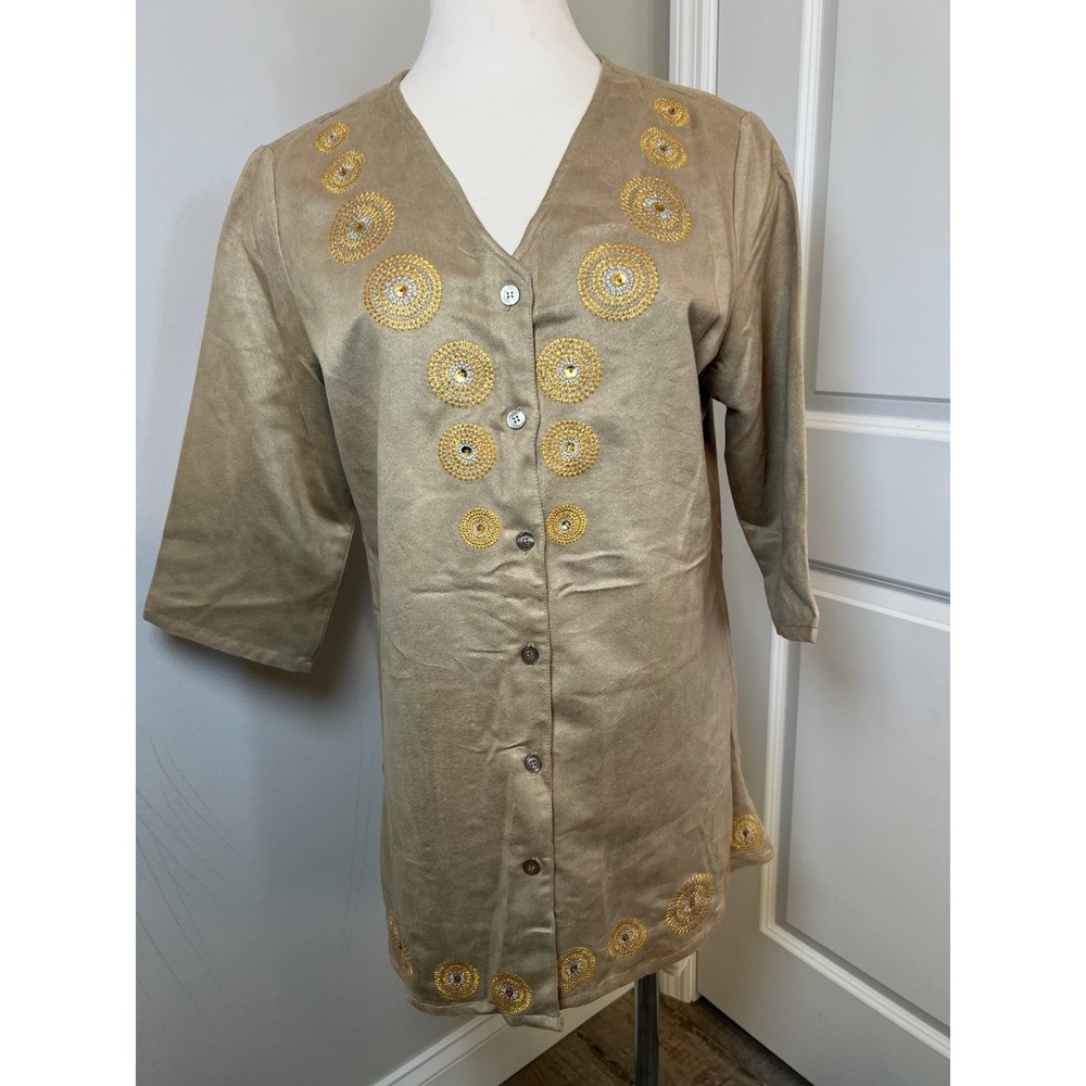 Antthony Womens Tunic Top Embroidered Medallion Tan Size M